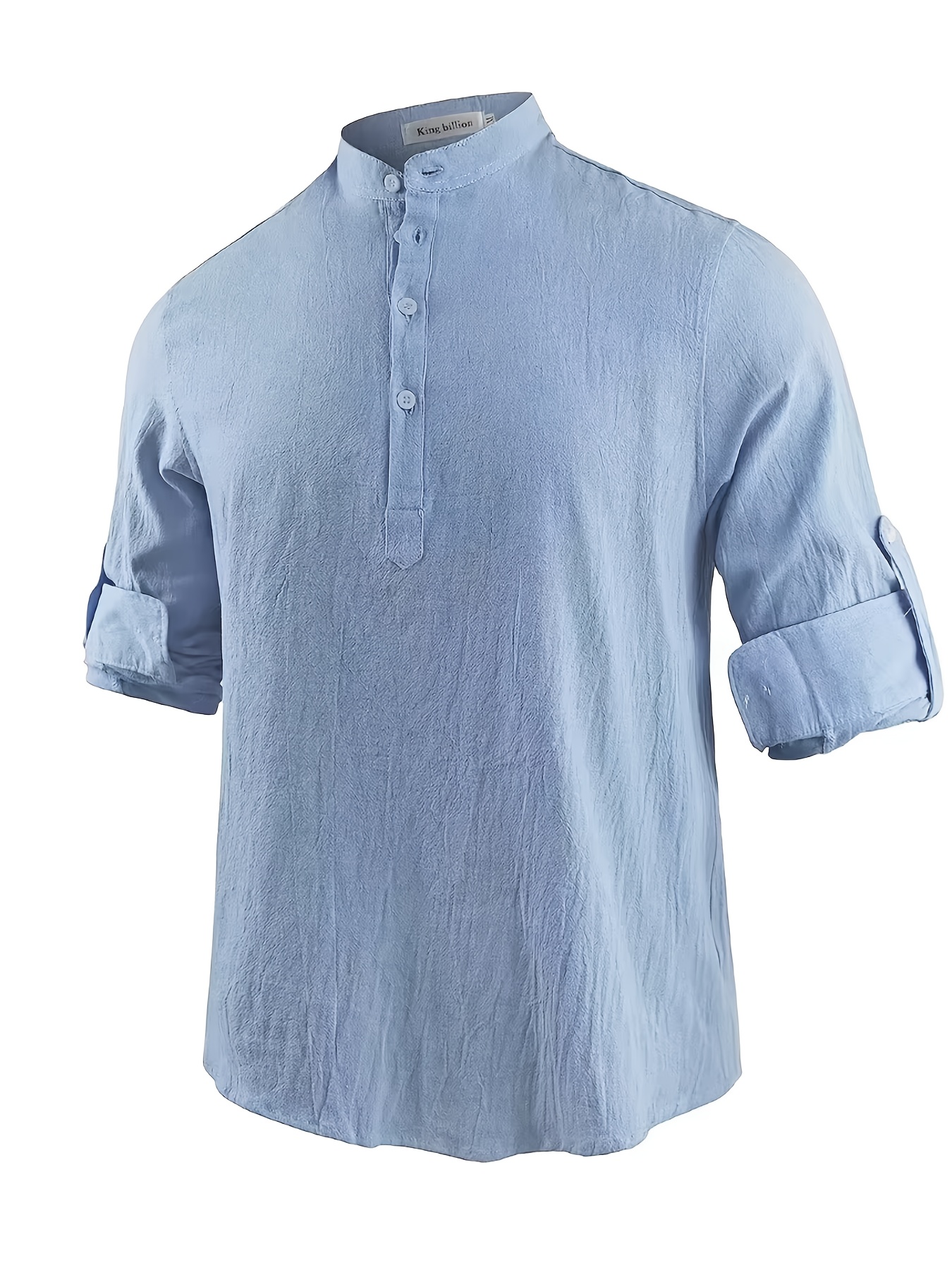 Men's Long Sleeve Shirt, Summer Solid Color Stand Collar Casual Beach Style Plus Size Cotton And Linen Blend Men's Top