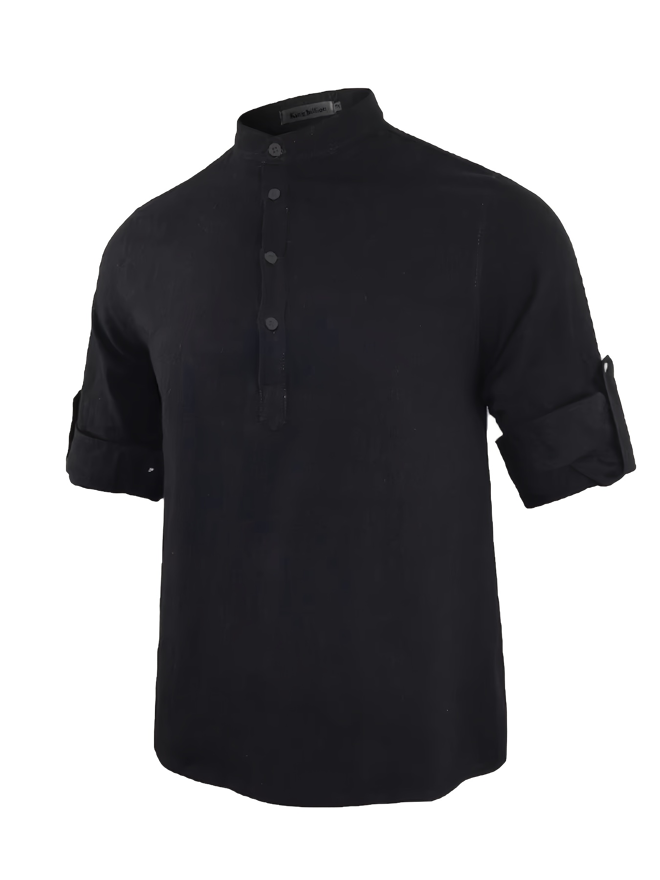 Men's Long Sleeve Shirt, Summer Solid Color Stand Collar Casual Beach Style Plus Size Cotton And Linen Blend Men's Top