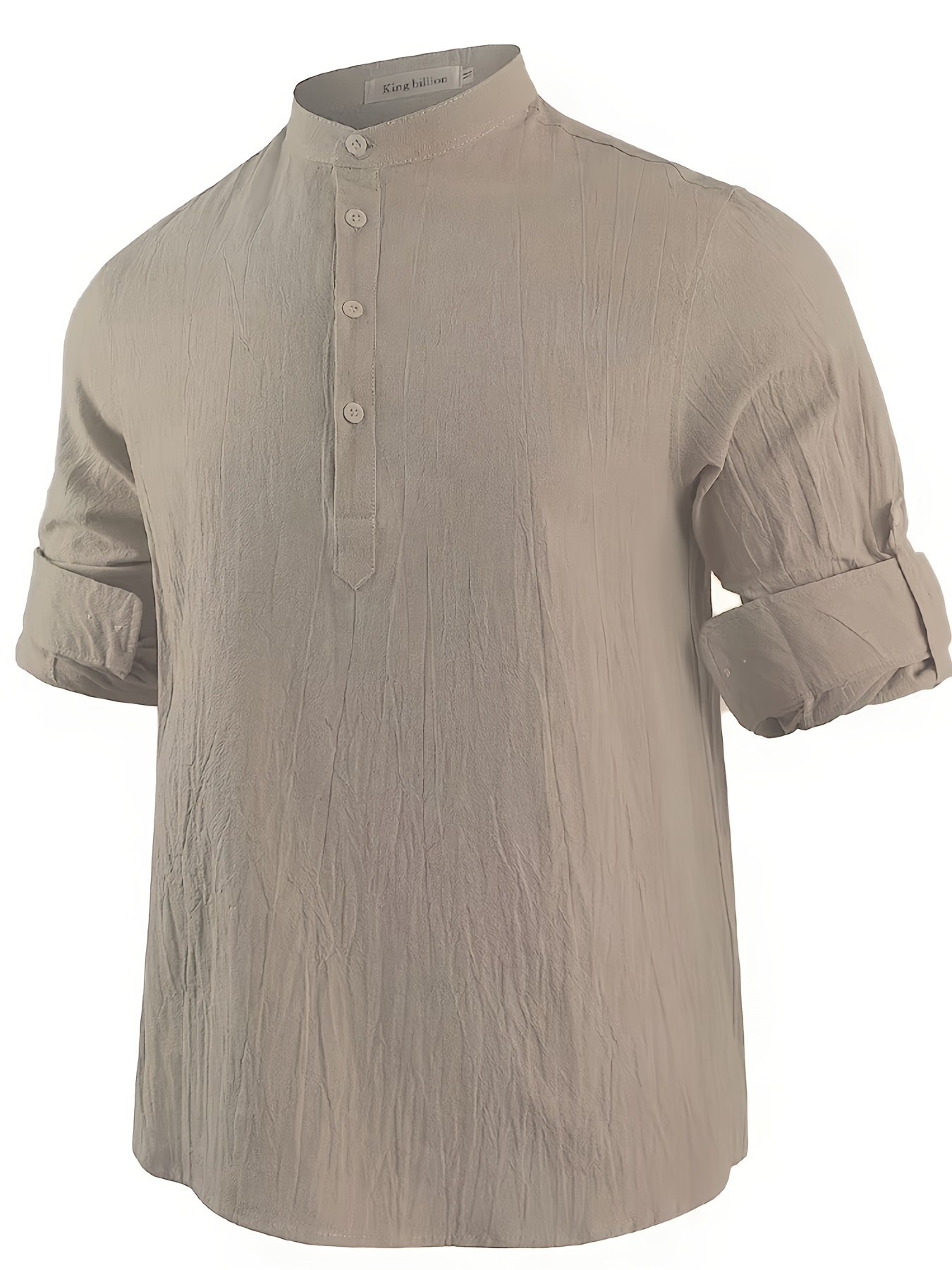 Men's Long Sleeve Shirt, Summer Solid Color Stand Collar Casual Beach Style Plus Size Cotton And Linen Blend Men's Top