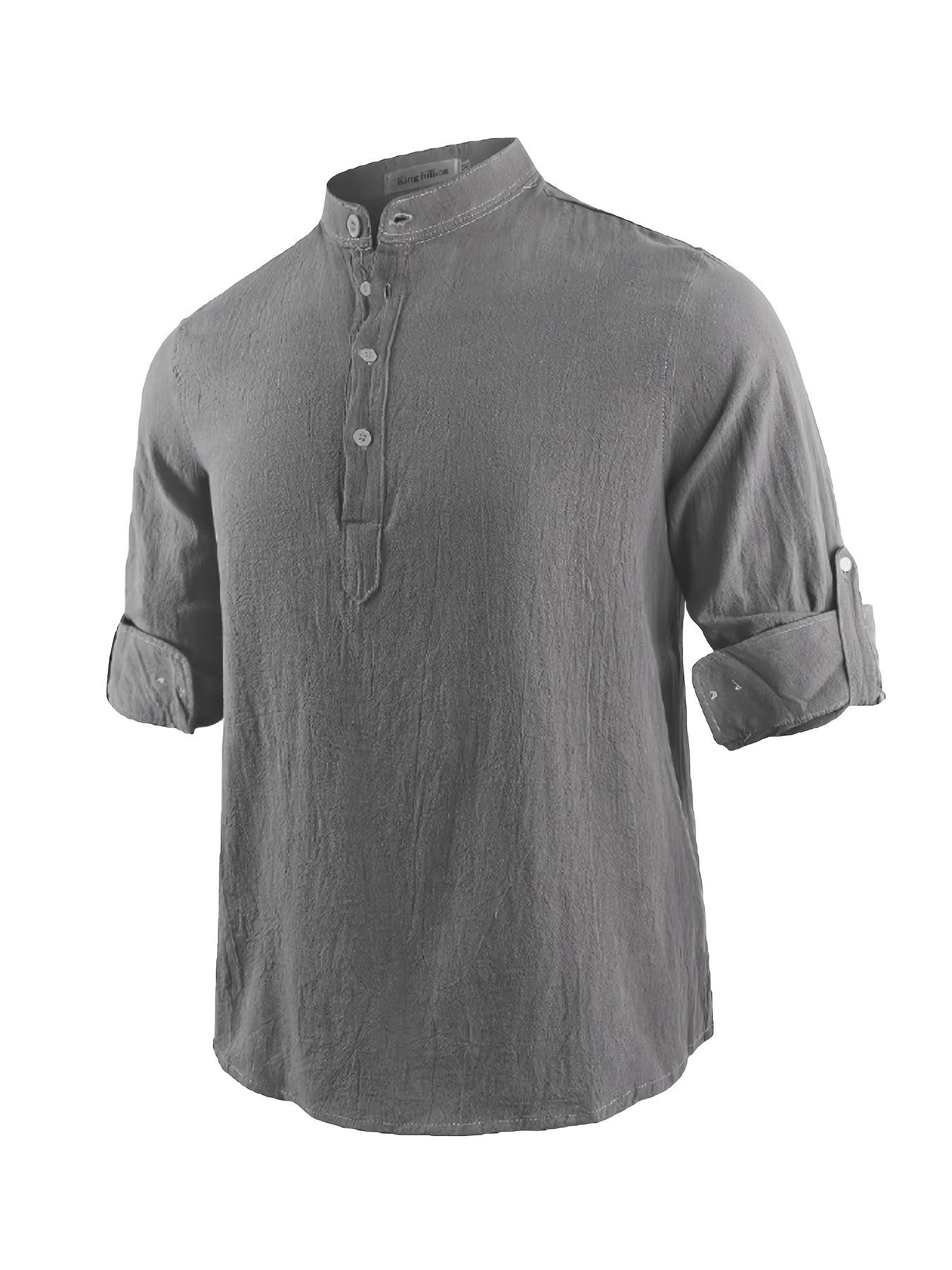 Men's Long Sleeve Shirt, Summer Solid Color Stand Collar Casual Beach Style Plus Size Cotton And Linen Blend Men's Top