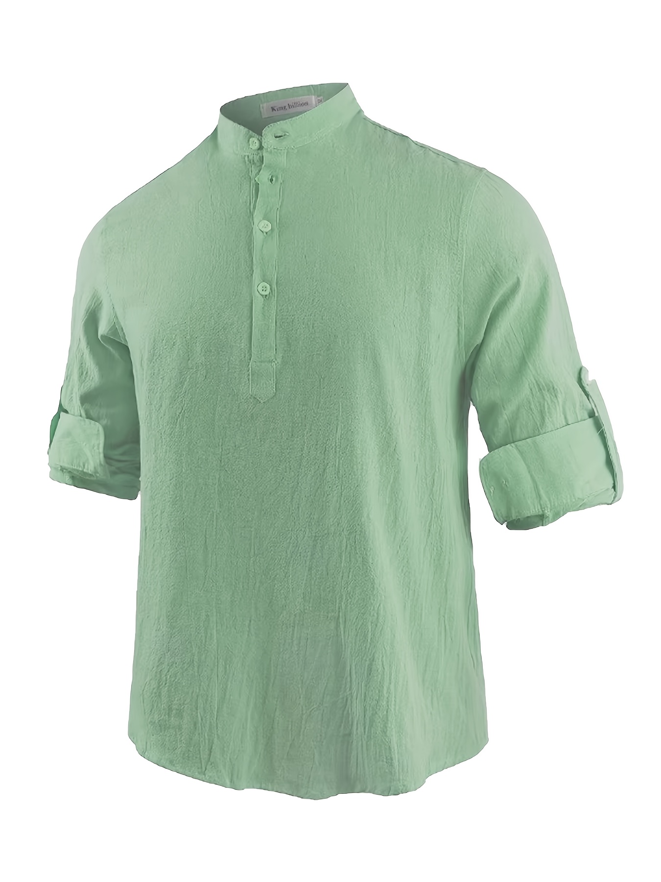 Men's Long Sleeve Shirt, Summer Solid Color Stand Collar Casual Beach Style Plus Size Cotton And Linen Blend Men's Top