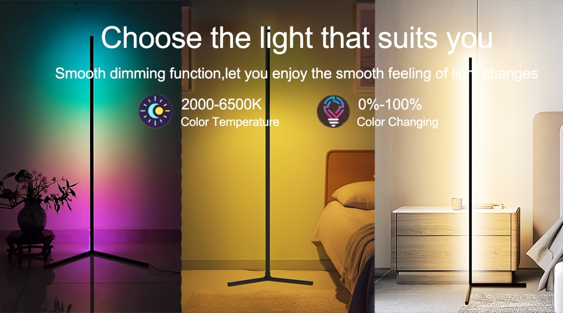 Smart RGB+White LED Floor Lamp with Music Sync, App control Modern Adjustable Gooseneck Corner Light for Gaming Room, Living Room, Party, RGB Color Changing Mood (/Metal)