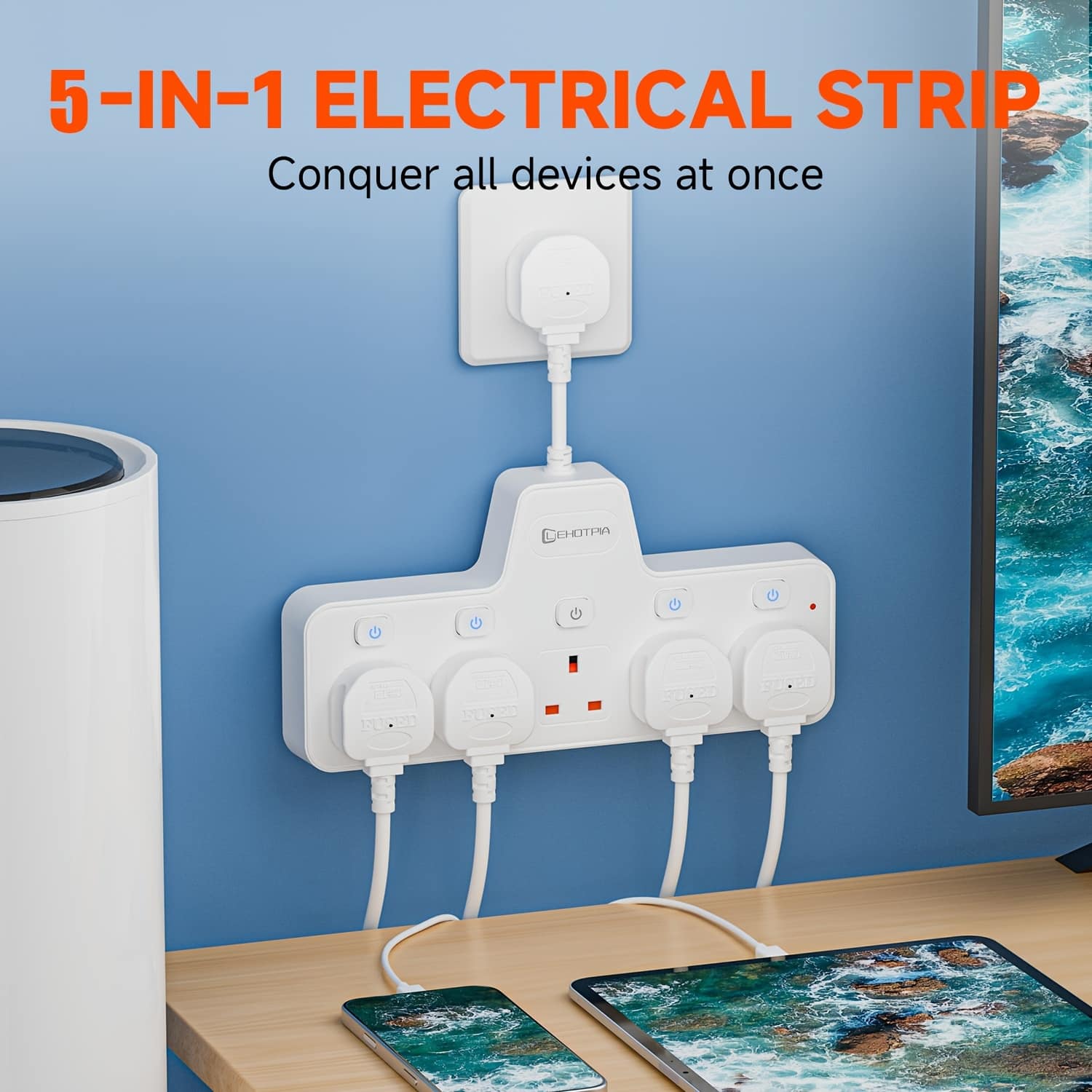 2500W UK Plug 5-in-1 Power Strip, 5AC Individually Controlled Switch Socket, Short Extension Line Power Board with Overload, Suitable for Homes, Kitchens, Bedrooms, Offices, Living Rooms, Etc