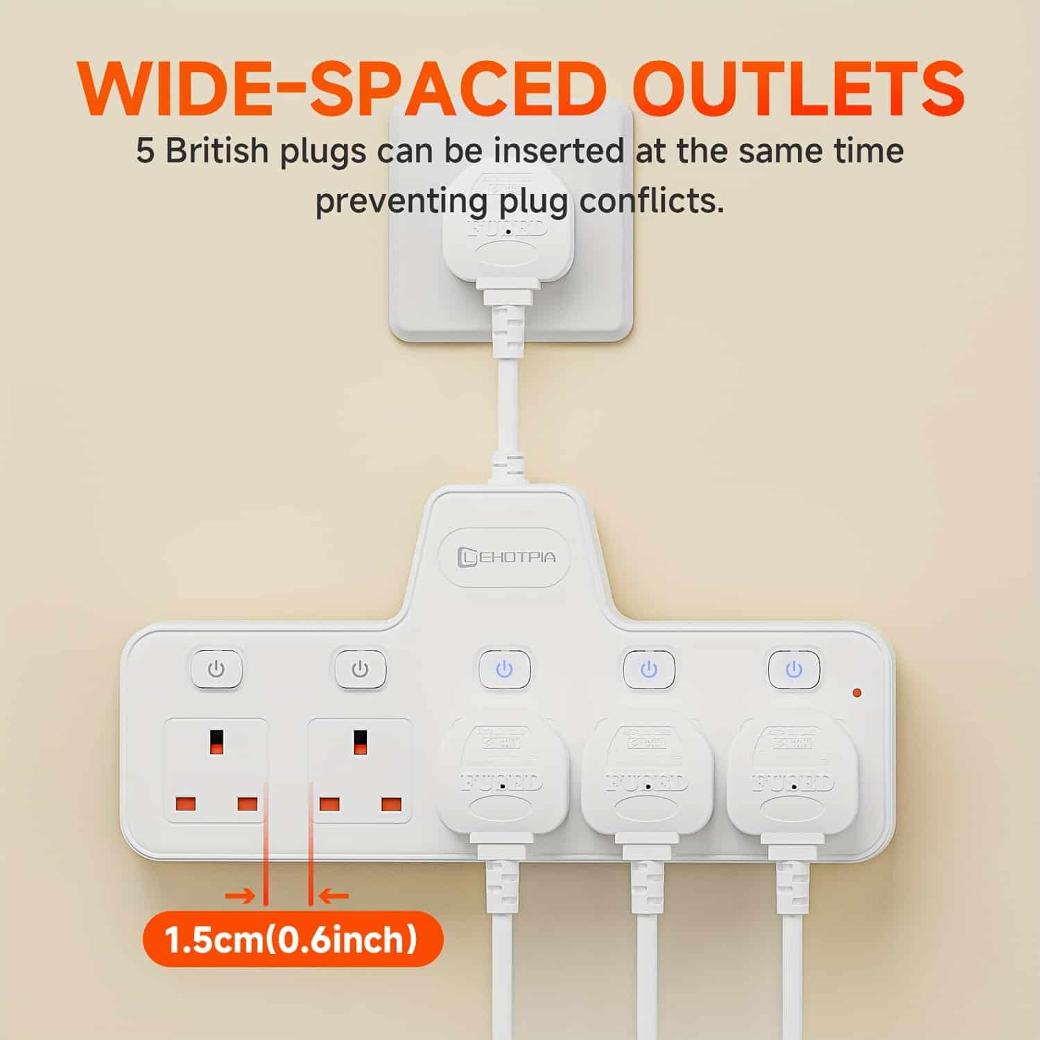 2500W UK Plug 5-in-1 Power Strip, 5AC Individually Controlled Switch Socket, Short Extension Line Power Board with Overload, Suitable for Homes, Kitchens, Bedrooms, Offices, Living Rooms, Etc