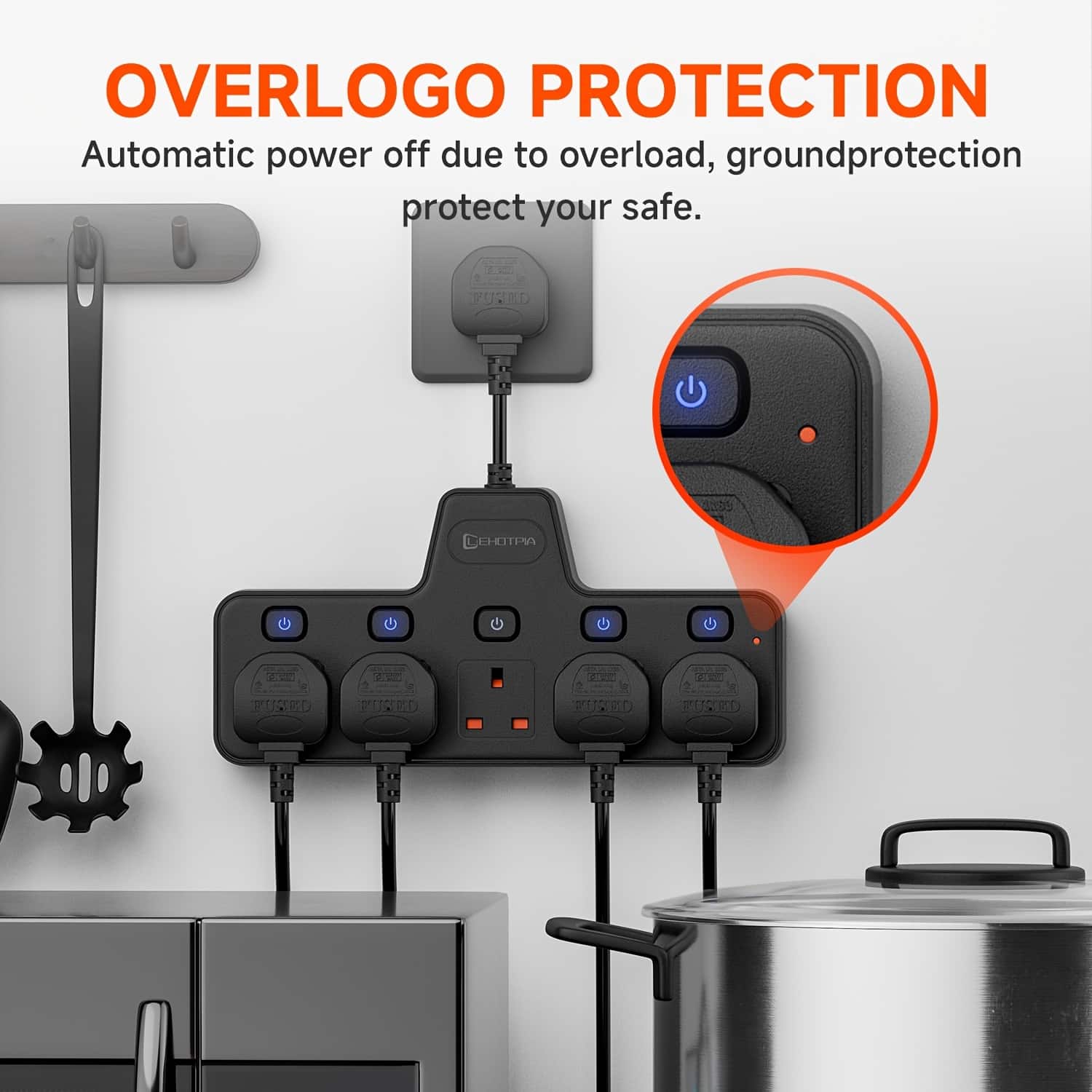 2500W UK Plug 5-in-1 Power Strip, 5AC Individually Controlled Switch Socket, Short Extension Line Power Board with Overload, Suitable for Homes, Kitchens, Bedrooms, Offices, Living Rooms, Etc