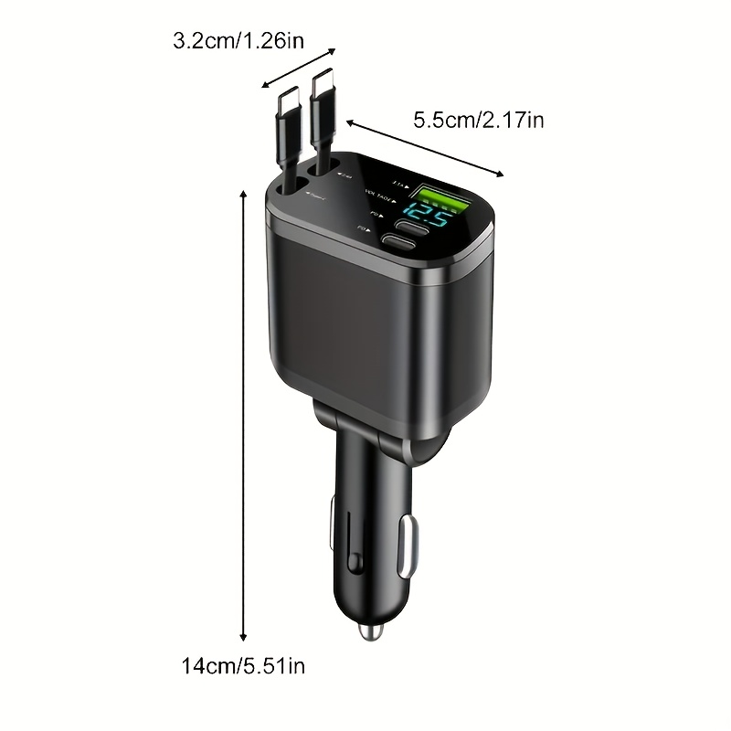 120W Fast Retractable Car Charger with 2 USB Type-C Cables - Plug, Battery-Free, Car Charging Solution | Compact Charger | Retractable Cable, Fast Charging for Vehicles