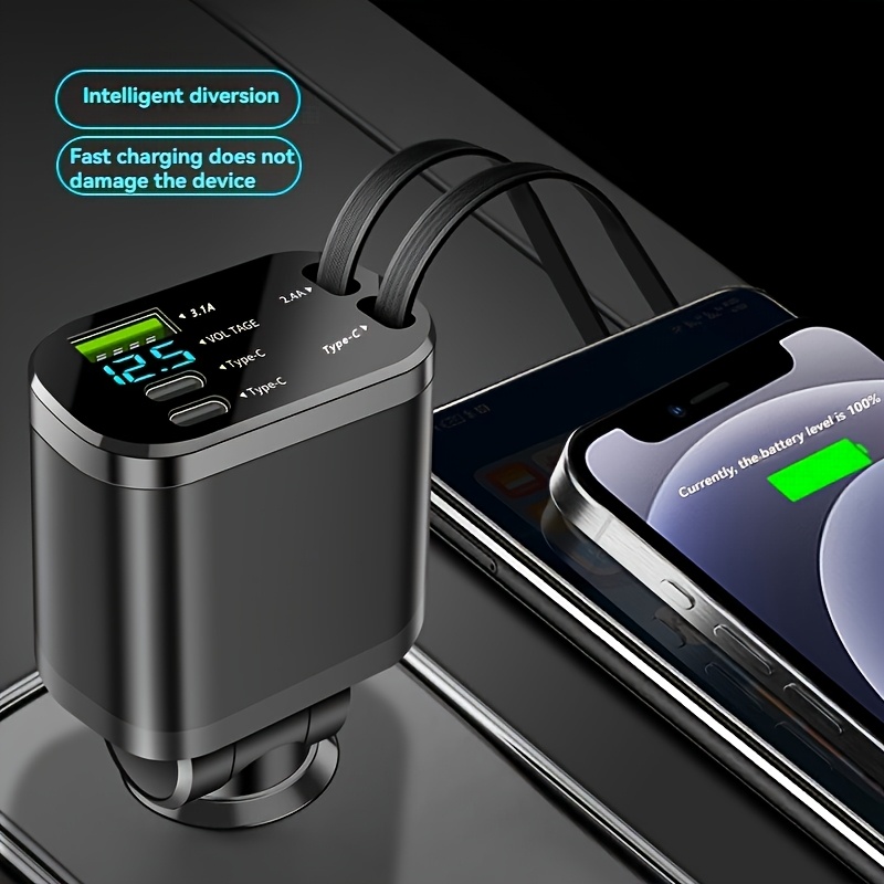 120W Fast Retractable Car Charger with 2 USB Type-C Cables - Plug, Battery-Free, Car Charging Solution | Compact Charger | Retractable Cable, Fast Charging for Vehicles