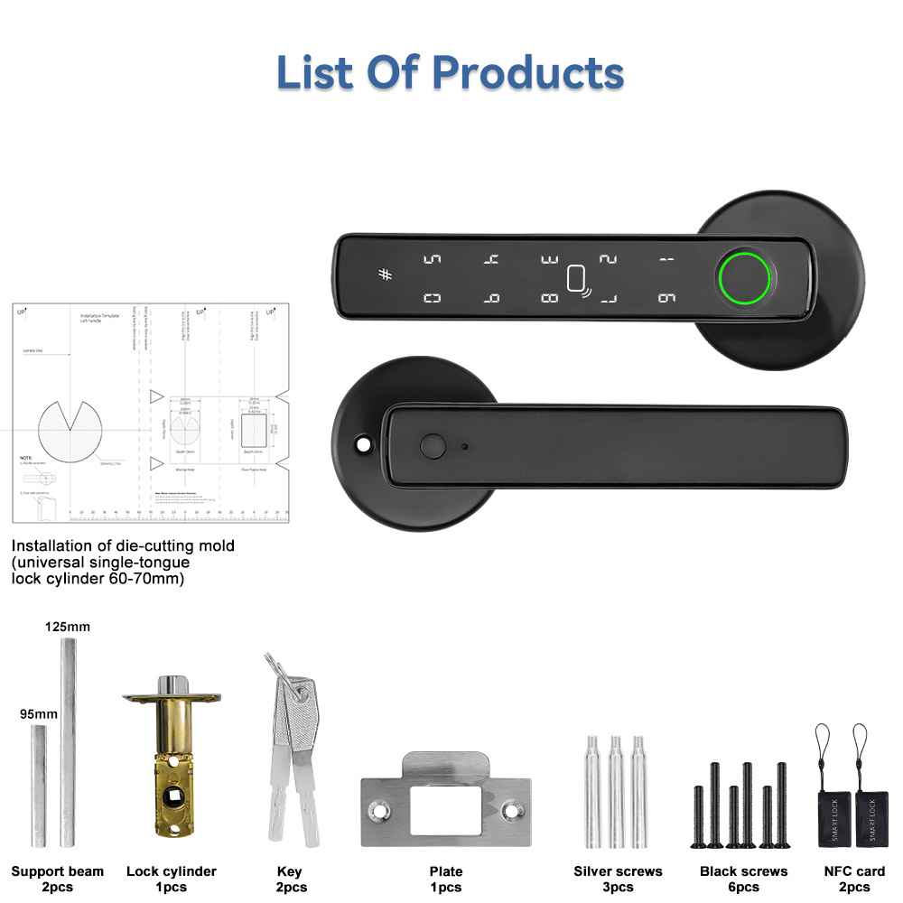 Tuya Smart Door Lock - Smart Fingerprint Lock Supporting Unlocking Via App, RFID Card, Backup Key, Fingerprint, and Passcode; Biometric Door Lock Suitable for Bedrooms, Hotels, Offices, and Apartments (Black)