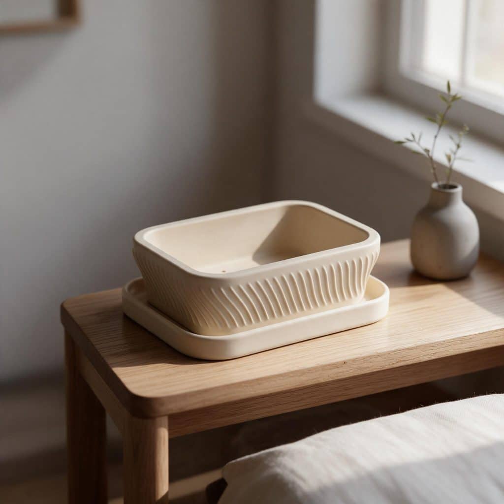 Ribbed planter on a wooden side table